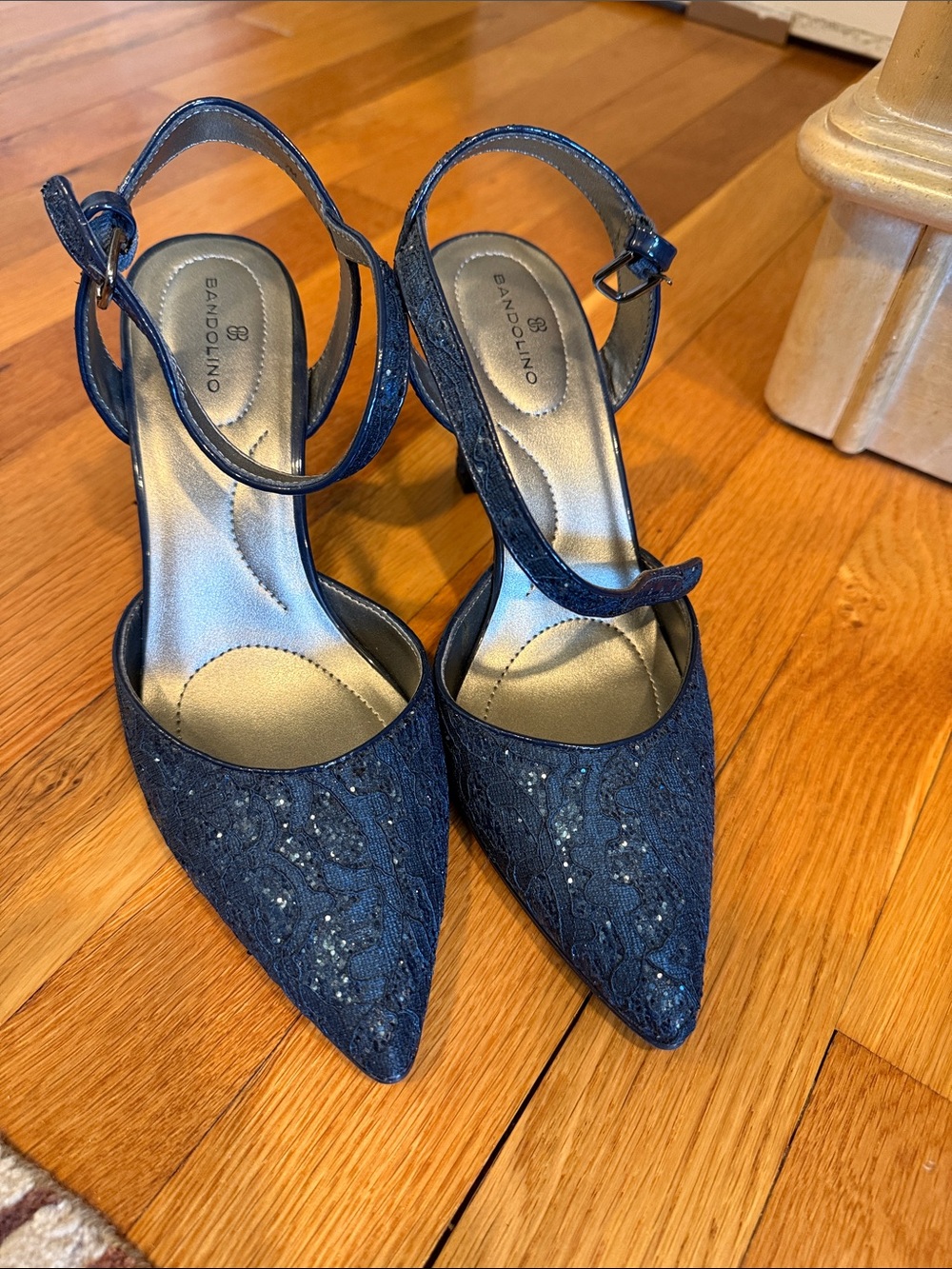 Bandolino Navy Lace Pointed Toe Ankle-Strap Heels with Sparkle